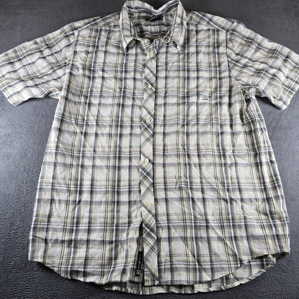 Quiksilver Mens XXL Short Sleeve Plaid Button Up Shirt Grey White Yellow Logo
